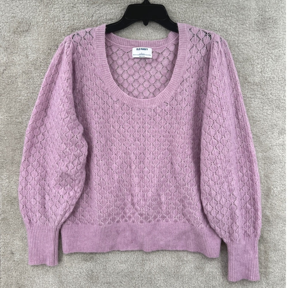 Old Navy Pointelle open Knit Sweater L Lavender Puff Sleeve Wool Blend Coquette